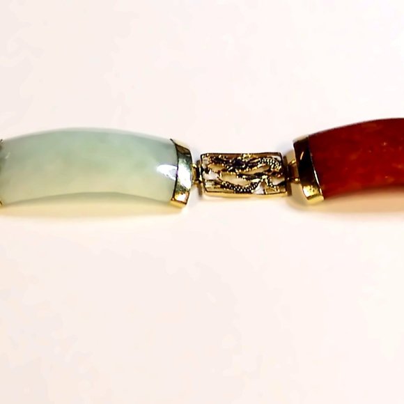 14K Gold Multi Jade Dragon Link Gemstone Bracelet Vintage - Picture 5 of 5